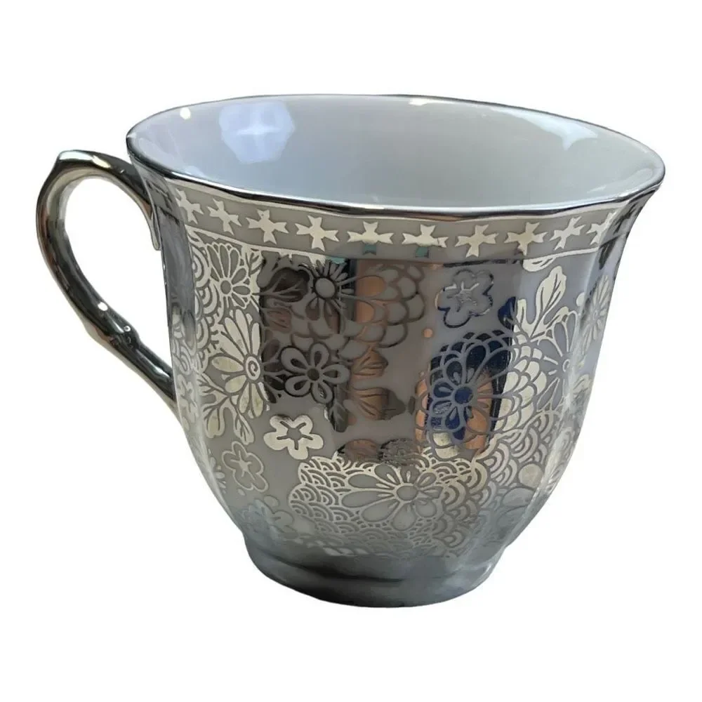 Genes Wares Italian Series Teacup and Saucer Set of 1 Silver White Floral Print